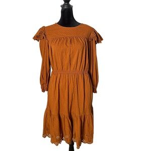 Universal Thread Ruffle‎ Eyelet Dress Peasant Prairie Rust Orange Women Size M